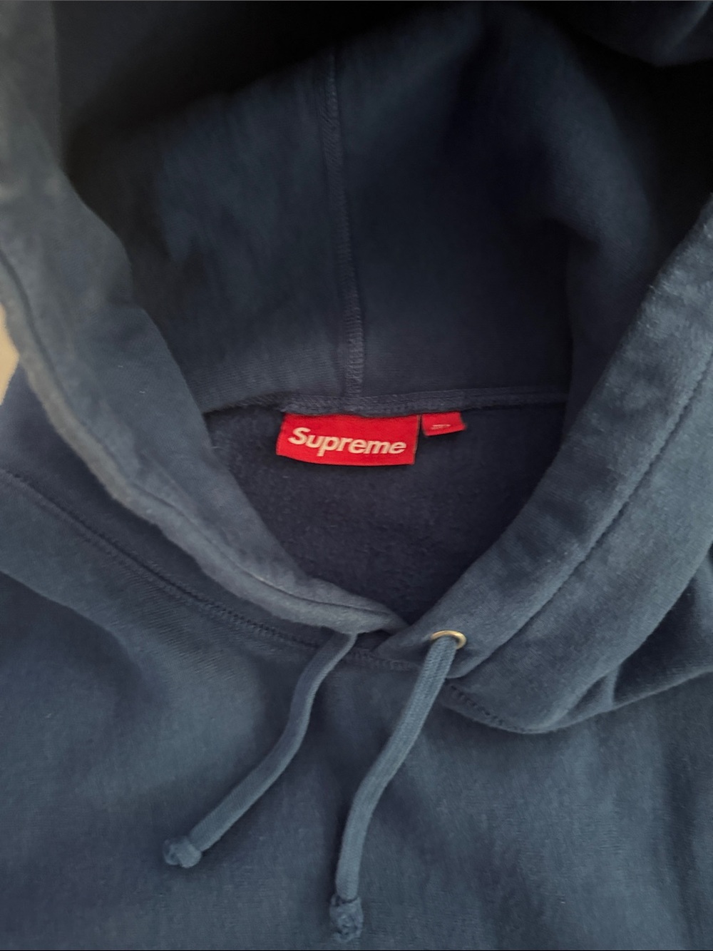 Supreme Navy Hoodie with Orange Sleeve Logos - Picture 3 of 7